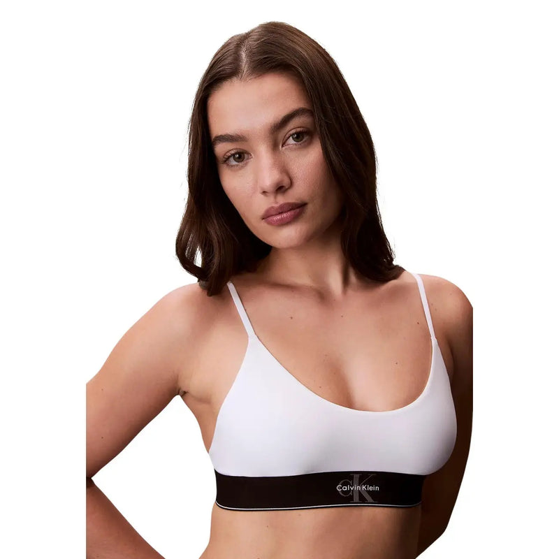 Calvin Klein Ungefütterter Damen-Bralette aus weißem Baumwollmodal mit dünnen Trägern und schwarzem Logoband