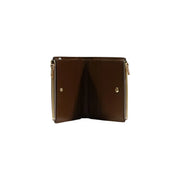 Calvin Klein Damen-Geldbörse aus beigebraunem Lackleder mit goldfarbenen Reißverschlüssen und Metallnieten, 11,5 x 7,5 x 2 cm