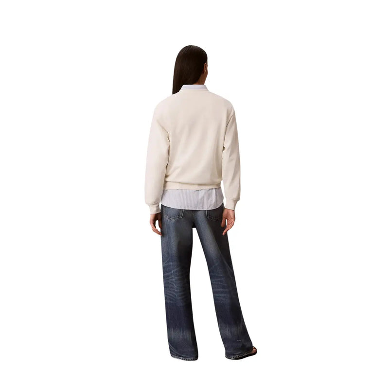 Calvin Klein women white cotton sweatshirt featuring a cream-colored knit sweater with long sleeves and relaxed fit