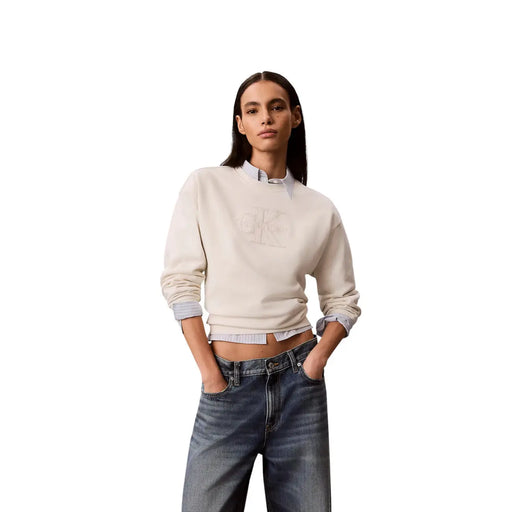 Calvin Klein Weißes Damen-Sweatshirt aus Baumwolle in Cremefarbe mit dezentem, gesticktem Logo und hochgekrempelten Ärmeln