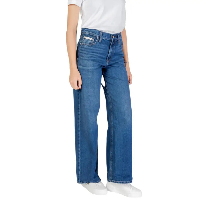 Calvin Klein women’s blue cotton jeans with high rise, straight leg cut, and classic stitching details