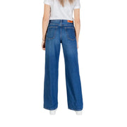 Calvin klein women’s blue cotton denim high-rise wide-leg jeans with classic back pocket and orange leather patch