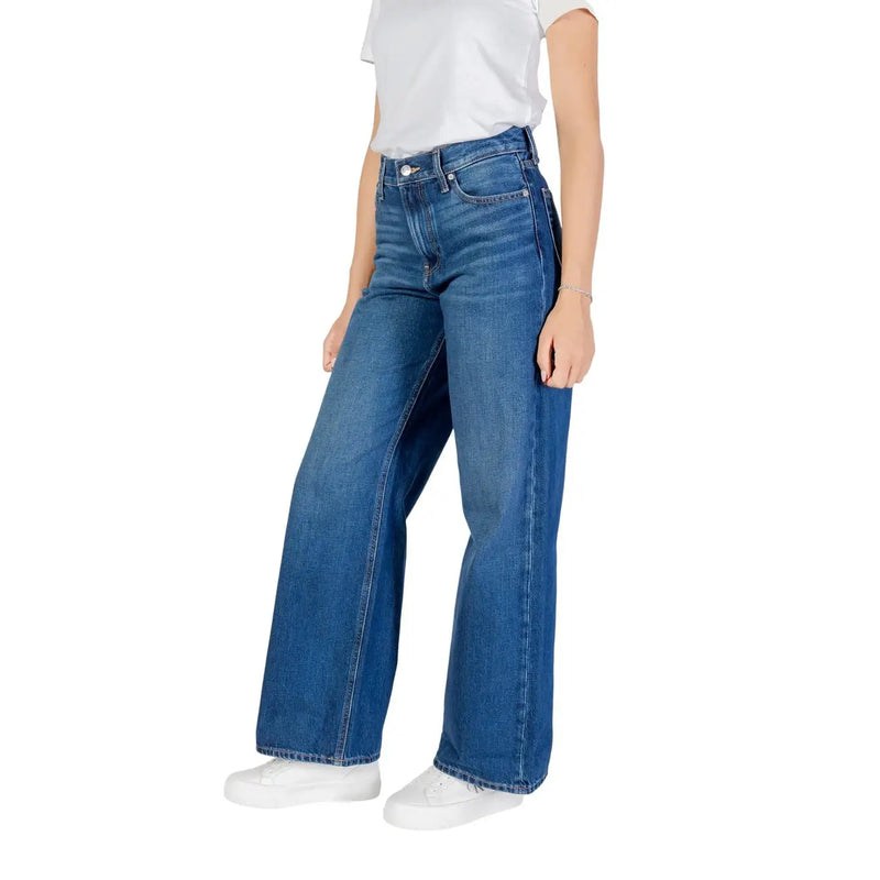 Calvin Klein women’s blue cotton denim high-rise wide-leg jeans with classic five-pocket design and subtle fading