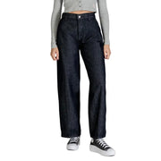 Calvin Klein women’s dark indigo high-waisted wide-leg cotton denim jeans with classic five-pocket design for fall winter