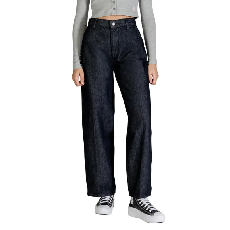 Calvin Klein women’s dark indigo high-waisted wide-leg cotton denim jeans with classic five-pocket design for fall winter