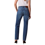 Calvin Klein Damen-Jeans aus blauem Baumwollstretch mit geradem Bein und braunem Lederpatch