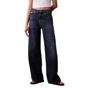 Dark-wash denim jeans with high-rise wide-leg cut and classic five-pocket design from calvin klein bordeaux collection