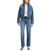 Calvin Klein women’s light blue cotton denim jacket with a prominent embroidered ck logo on the left chest