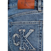 Back side of calvin klein women’s light blue cotton denim jeans with distressed embroidered ck logo and brown leather patch
