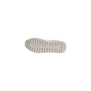 Calvin klein women’s lilac leather sneakers shown from the back with pink and white ribbed rubber sole