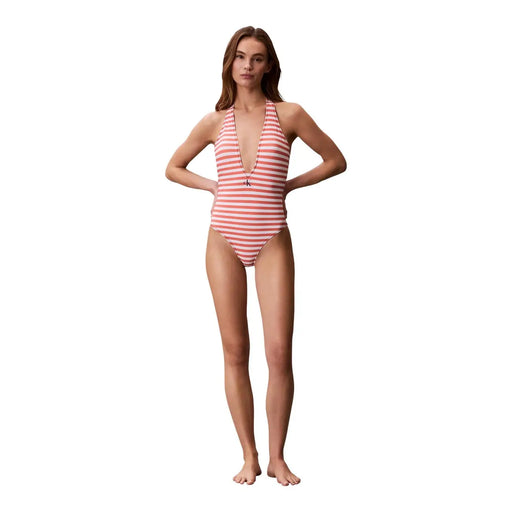 Calvin Klein Damen-Badeanzug aus Nylon mit orange-rosa-weißen Streifen, Neckholder-Ausschnitt und Brustlogo
