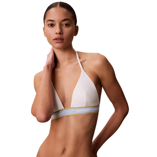 Calvin Klein Triangel-Bikini für Damen top aus weißem Nylon mit einem gestreiften Neckholderband mit goldenen und hellblauen Akzenten