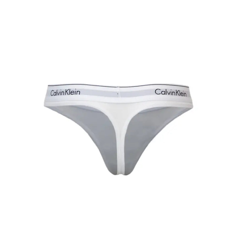 Calvin Klein women’s white cotton modal thong underwear with gray waistband featuring black logo text