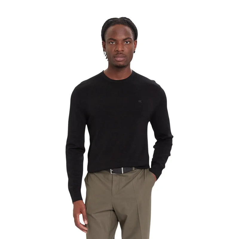 Calvin Klein Schwarzer Wollpullover für Herren mit langen Ärmeln und Rundhalsausschnitt, Vorderansicht