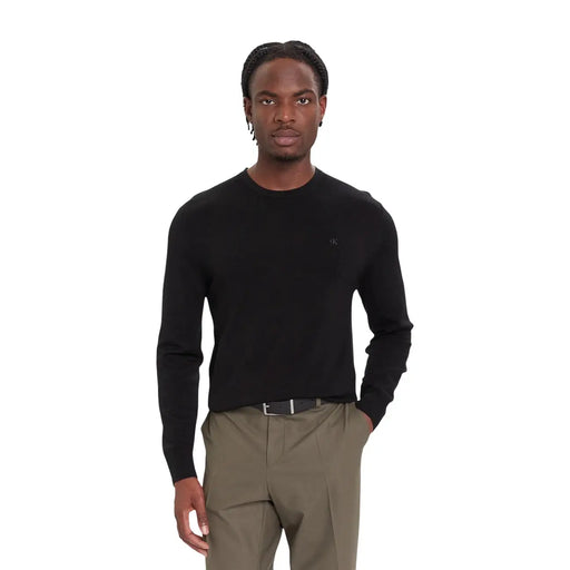 Calvin Klein Schwarzer Wollpullover für Herren mit langen Ärmeln und Rundhalsausschnitt, Vorderansicht