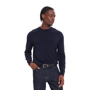 Calvin Klein Herren-Wollpullover in Marineblau mit dezentem, gesticktem Logo auf der linken Brust, Vorderansicht