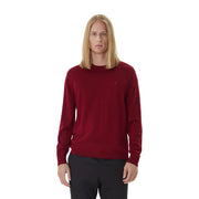 Calvin Klein Herren-Wollpullover in Burgunderrot mit gesticktem Logo auf der linken Brust, Vorderansicht