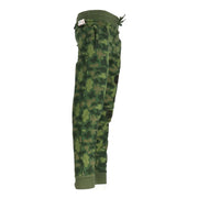 Green camouflage patterned sweatpants with drawstring waistband ribbed cuffs and decorative patches