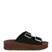 Carrera women black leather slide sandal with two silver buckle straps and a brown platform sole