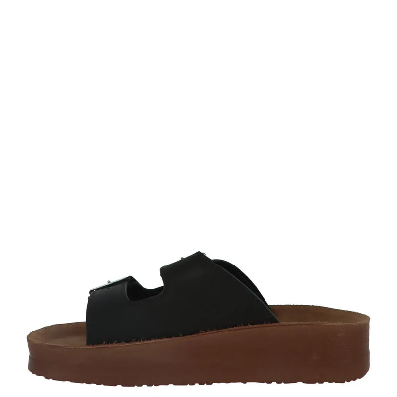 Carrera women slippers black leather slide sandal with brown platform sole and two adjustable buckle straps