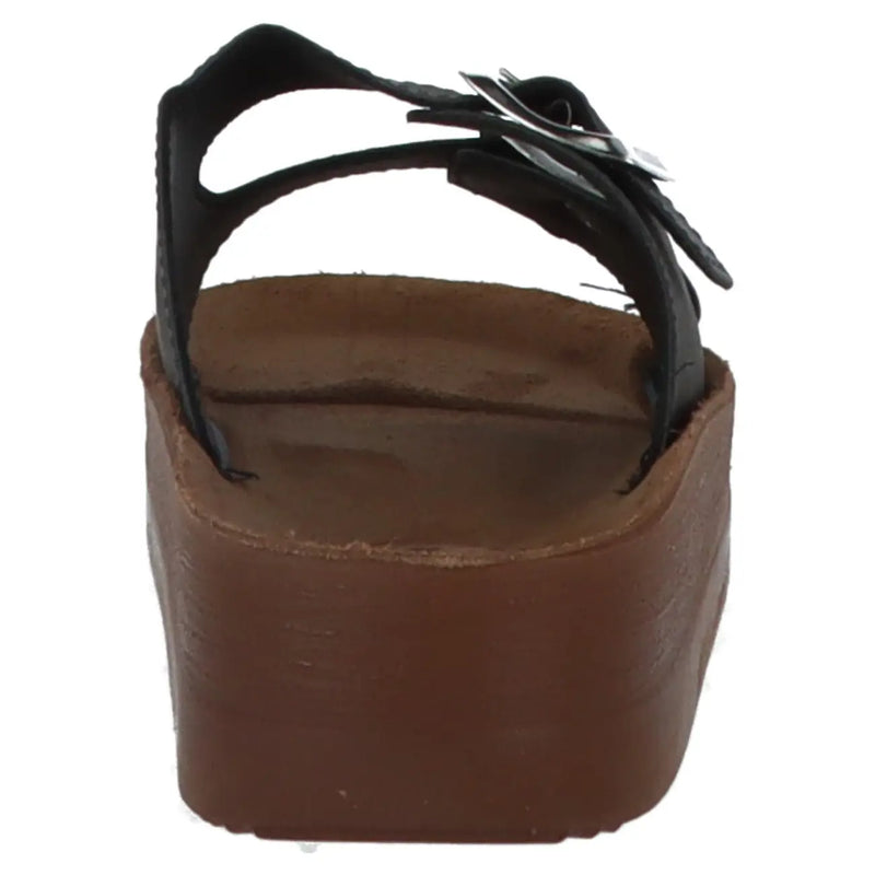 Black leather strap sandals with chunky brown platform sole and silver buckle detail by carrera women slippers