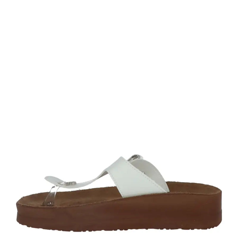 Carrera women slippers white leather thong sandal with silver buckle transparent toe post on brown platform sole