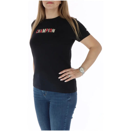 Champion Schwarzes Damen-T-Shirt aus Baumwolle mit kurzen Ärmeln und rotem und weißem Champion-Logo auf der Brust