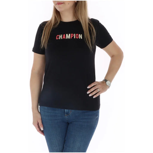 Champion Schwarzes Damen-T-Shirt aus Baumwolle mit Rundhalsausschnitt und kurzen Ärmeln, bedruckt mit dem rot-weißen Champion-Logo auf der Brust