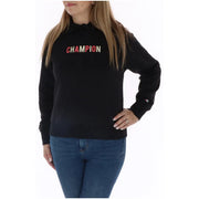 Black champion sweatshirt with red and white champion lettering across the chest in cotton material for women