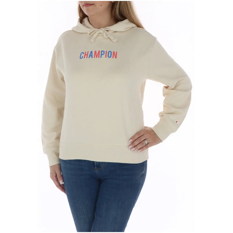 Champion womens beige cotton hoodie sweatshirt featuring a cream-colored champion logo in red and blue on the chest