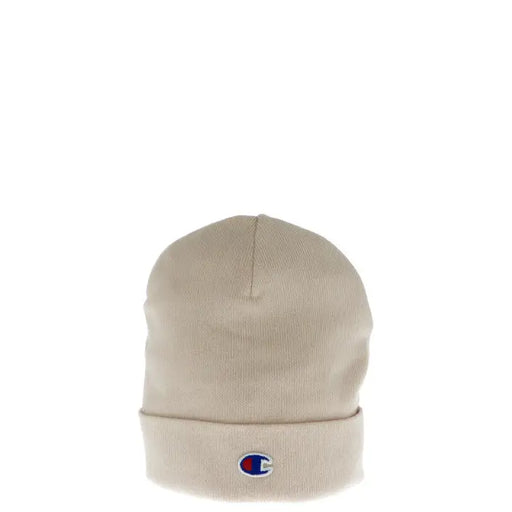Beige Champion beanie displayed with Champion Women’s Pink Cap in 100% Polyester