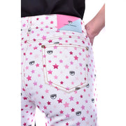 Weiße Baumwoll-Denim-Jeans von Chiara Ferragni mit pinkfarbenem Stern- und schwarzem Wimpernlogo-Muster auf der Vorderseite