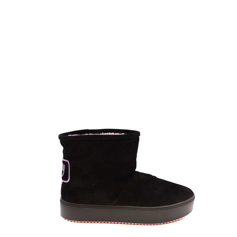 Chiara Ferragni women suede ankle boots black with plush pink interior lining and subtle purple logo detail on side