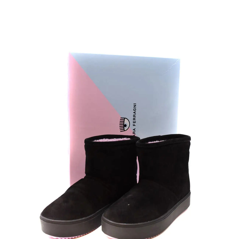 Chiara ferragni women black suede ankle boots with plush interior and chunky platform sole