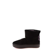 Black suede chiara ferragni women ankle boots with plush pink lining and subtle purple logo detail on the side