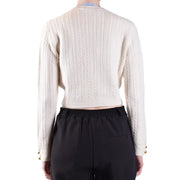 Cremefarbener, kurzer Zopfstrickpullover von Chiara Ferragni für Damen aus Wolle mit goldfarbenen Knopfmanschetten