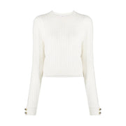 Chiara Ferragni cremefarbener Wollstrickpullover mit gerippten langen Ärmeln und goldfarbenen Manschettenknöpfen