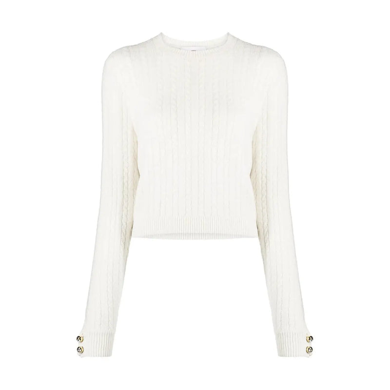 Chiara Ferragni cremefarbener Wollstrickpullover mit gerippten langen Ärmeln und goldfarbenen Manschettenknöpfen
