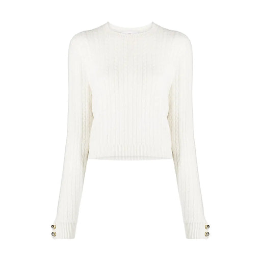 Chiara Ferragni cremefarbener Wollstrickpullover mit gerippten langen Ärmeln und goldfarbenen Manschettenknöpfen