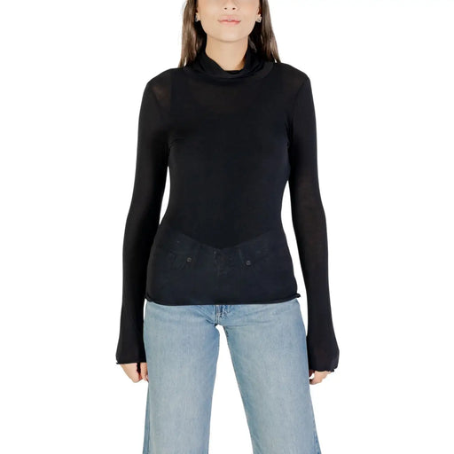 Schwarzer, transparenter Rollkragenpullover mit langen Ärmeln, tailliert top aus Kaschmir-Modal aus der Chorkollektion für Frauen
