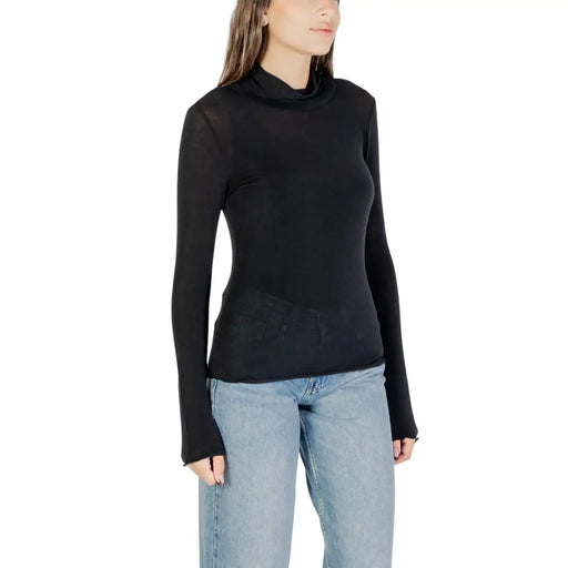 Schwarzer langärmeliger Rollkragenpullover top mit transparenter, figurbetonter Silhouette aus Kaschmir-Modal aus der Choral Damenkollektion