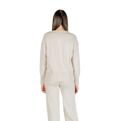 Choral Damen-Strickpullover, beige, cremefarben, mit Rundhalsausschnitt, langen Ärmeln, geripptem Saum und Bündchen