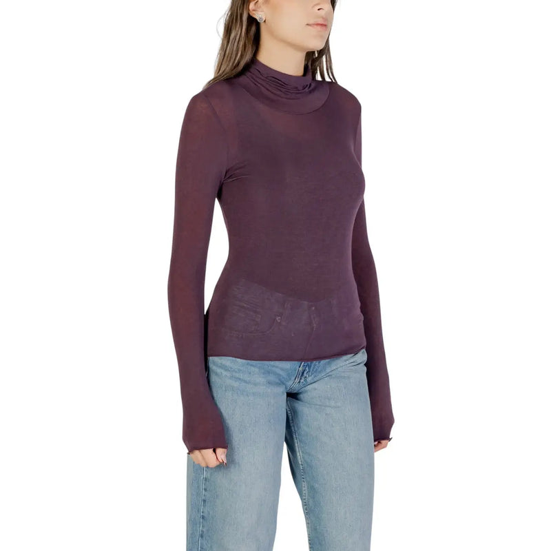 Damen-Rollkragenpullover aus lila Kaschmir von Choral mit transparentem, tiefviolettem, tailliertem Langarm-Design