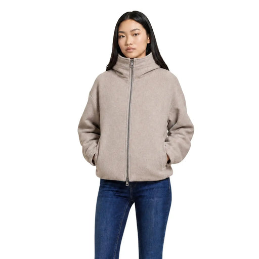 Beige Fleecejacke mit Reißverschluss, hohem Kragen und lockerer Passform aus Wollmischung, im Choral-Stil, Damen-Rollkragenblazer-Stil