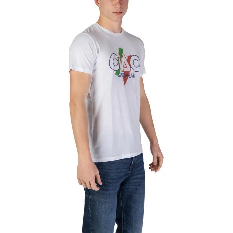 Weißes Herren-T-Shirt aus Baumwolle mit Rundhalsausschnitt und farbenfrohem Ciao-Sportswear-Logo mit grünen, weißen und roten Längsstreifen