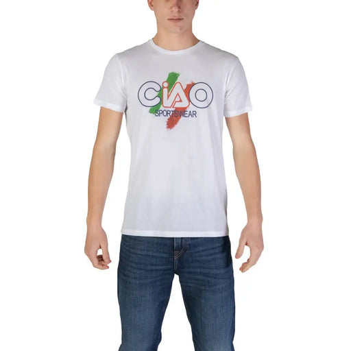 Weißes Baumwoll-T-Shirt von Ciao Sportswear für Herren mit Rundhalsausschnitt, auffälligem Grafikmuster und grün-weiß-roten Pinselstrichakzenten
