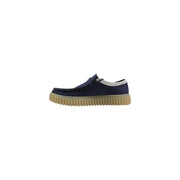 Clarks Herren-Schnürschuhe aus blauem Stoff mit marineblauem Wildleder-Slipper-Design, hellbrauner Gummisohle und weißem Futter