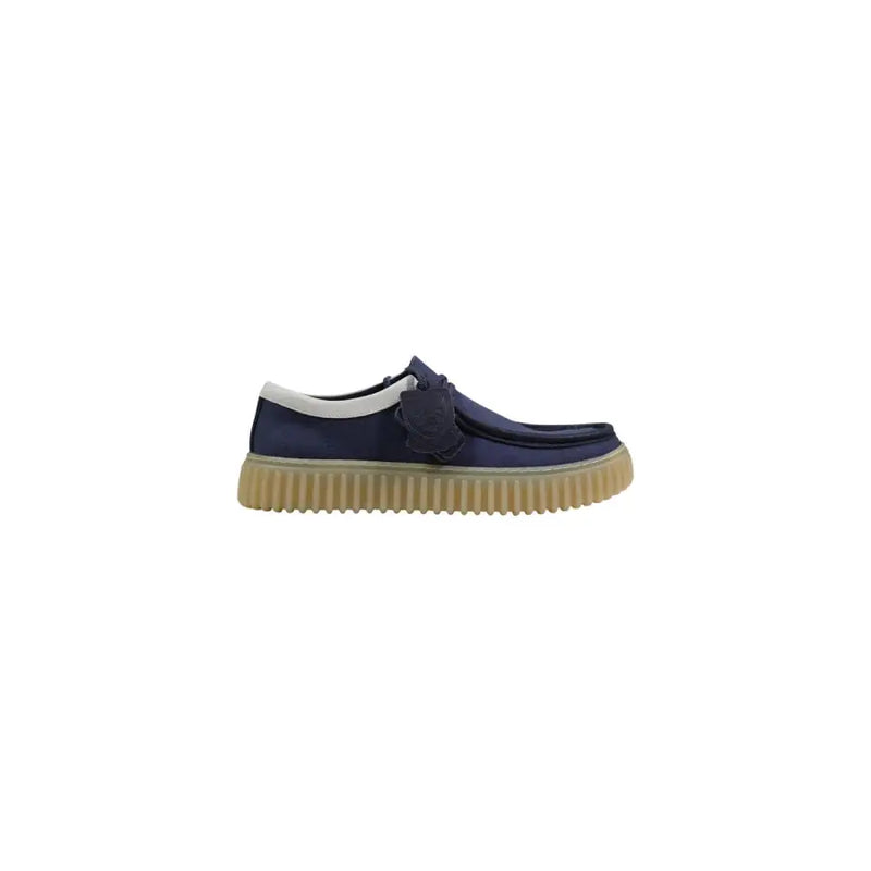 Clarks Herren-Schnürschuhe, marineblaues Wildleder, Slipper mit weißem Schaftrand und hellbrauner Gummisohle