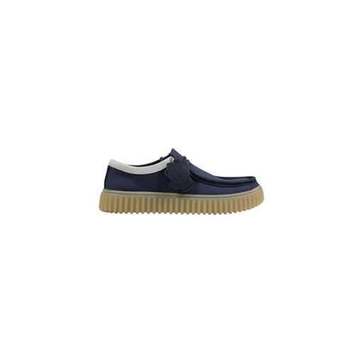 Clarks men lace ups navy blue suede slip on shoe with white collar and tan rubber sole