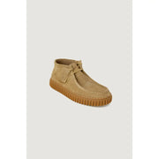 Clarks Herren-Chukka-Stiefel aus beigefarbenem Leder und hellbraunem Wildleder mit Schnürung, gerippter Gummisohle und Schleifenschnürung, Größe 3,5